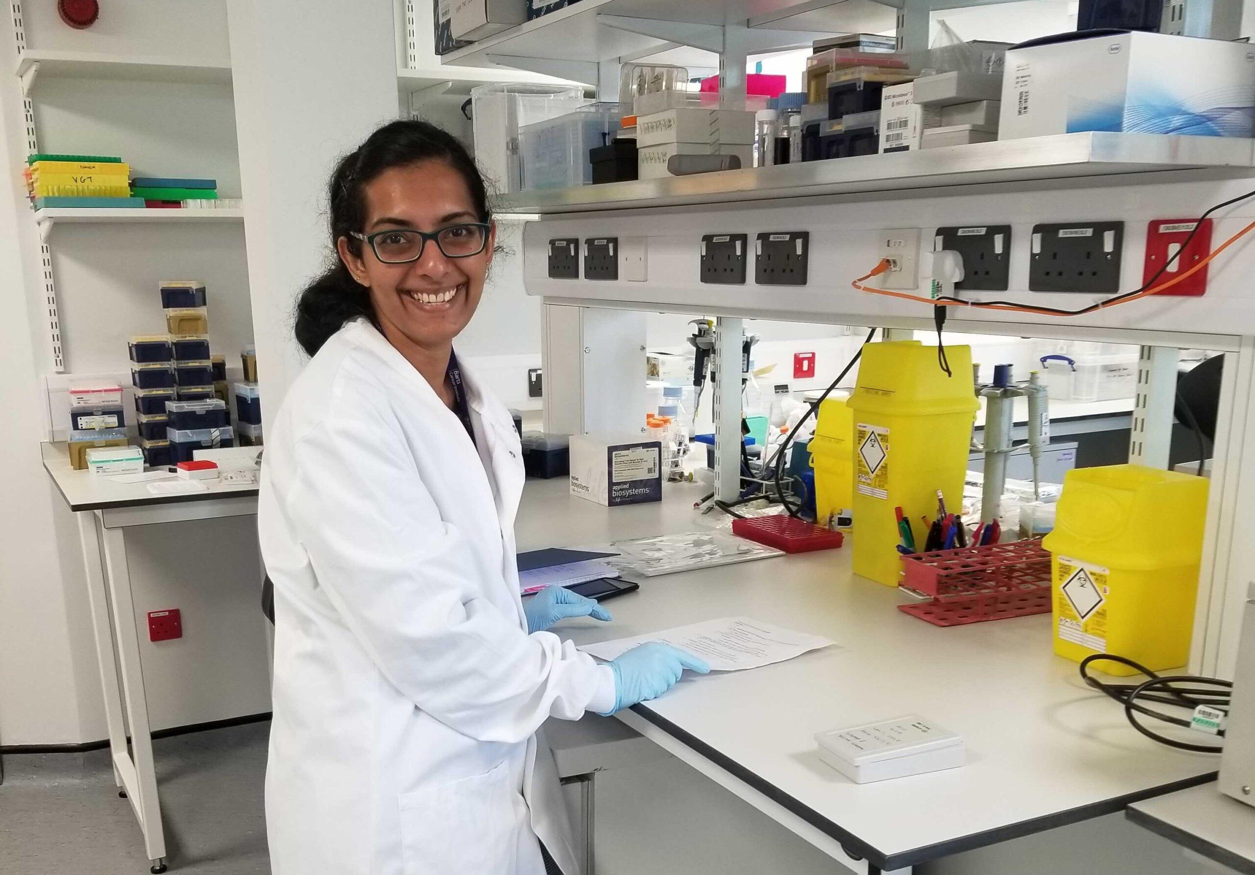 Vinaya in the laboratory at Queen Mary's Barts Cancer Institute.
