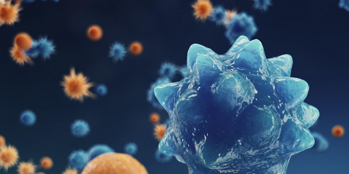Abstract background virus. The concept of science and medicine, reducing immunity in the body. Influenza virus, hepatitis virus, cells that infect the living organism. 3d illustration