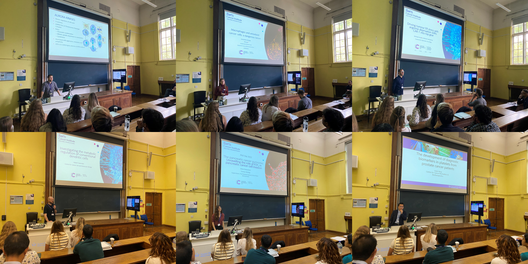 A selection of photos of final year PhD students presenting 10-minute presentions. Students are standing at the front of a lecture theatre with their presenatations slides displayed on a big screen.