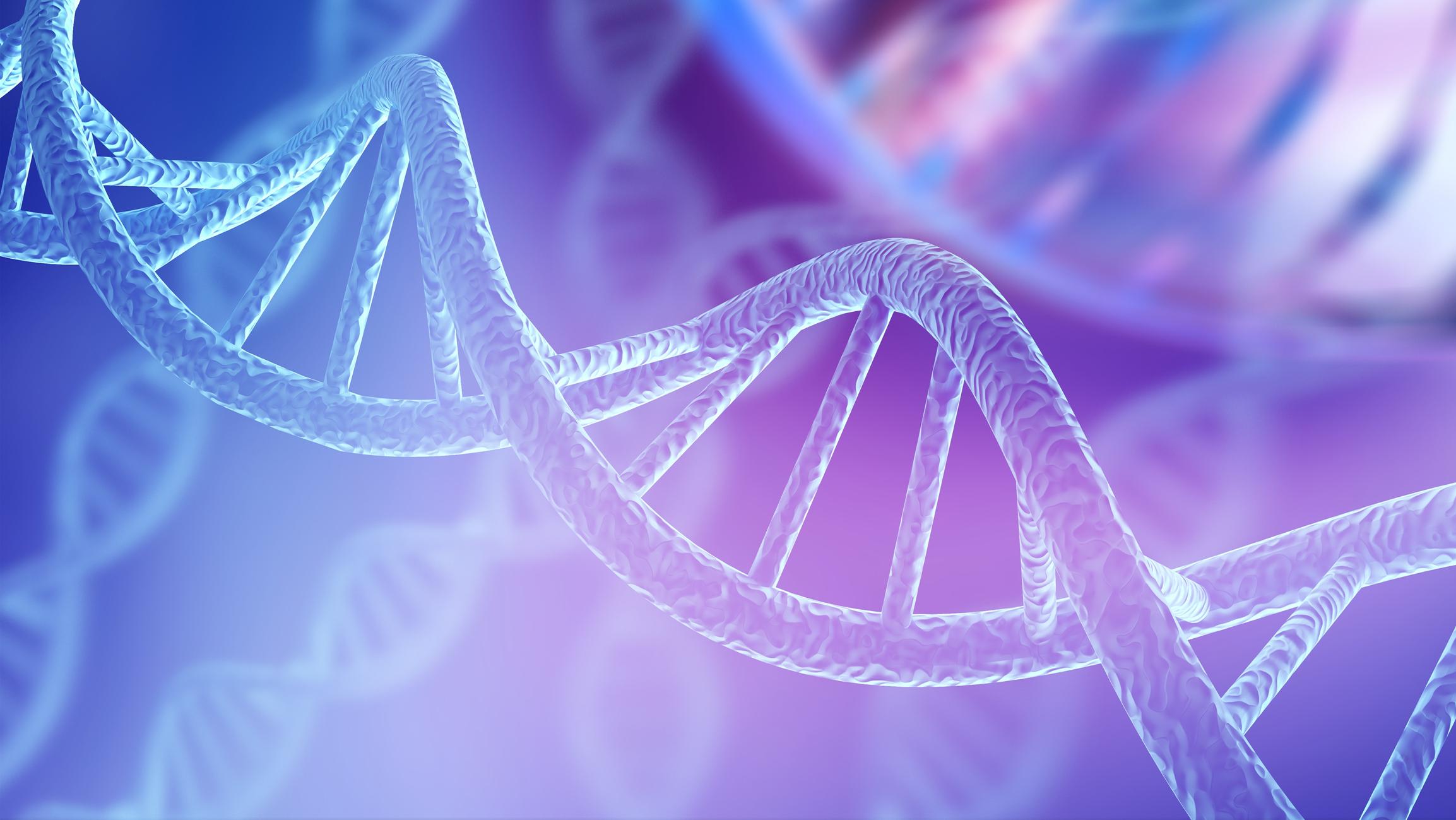 3D illustration of DNA helix structure on blue and purple background.