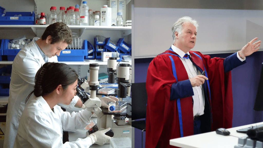 A 20-year research journey. Left: Peter Szlosarek in the lab during his PhD. Right: Professor Szlosarek presenting about the ATOMIC-meso trial at his inaugural lecture in 2023.